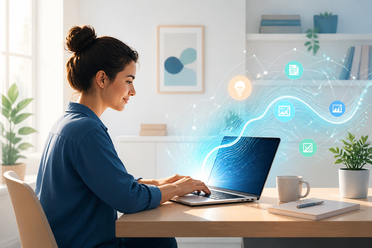 A person using artificial intelligence tools at a bright home workspace.