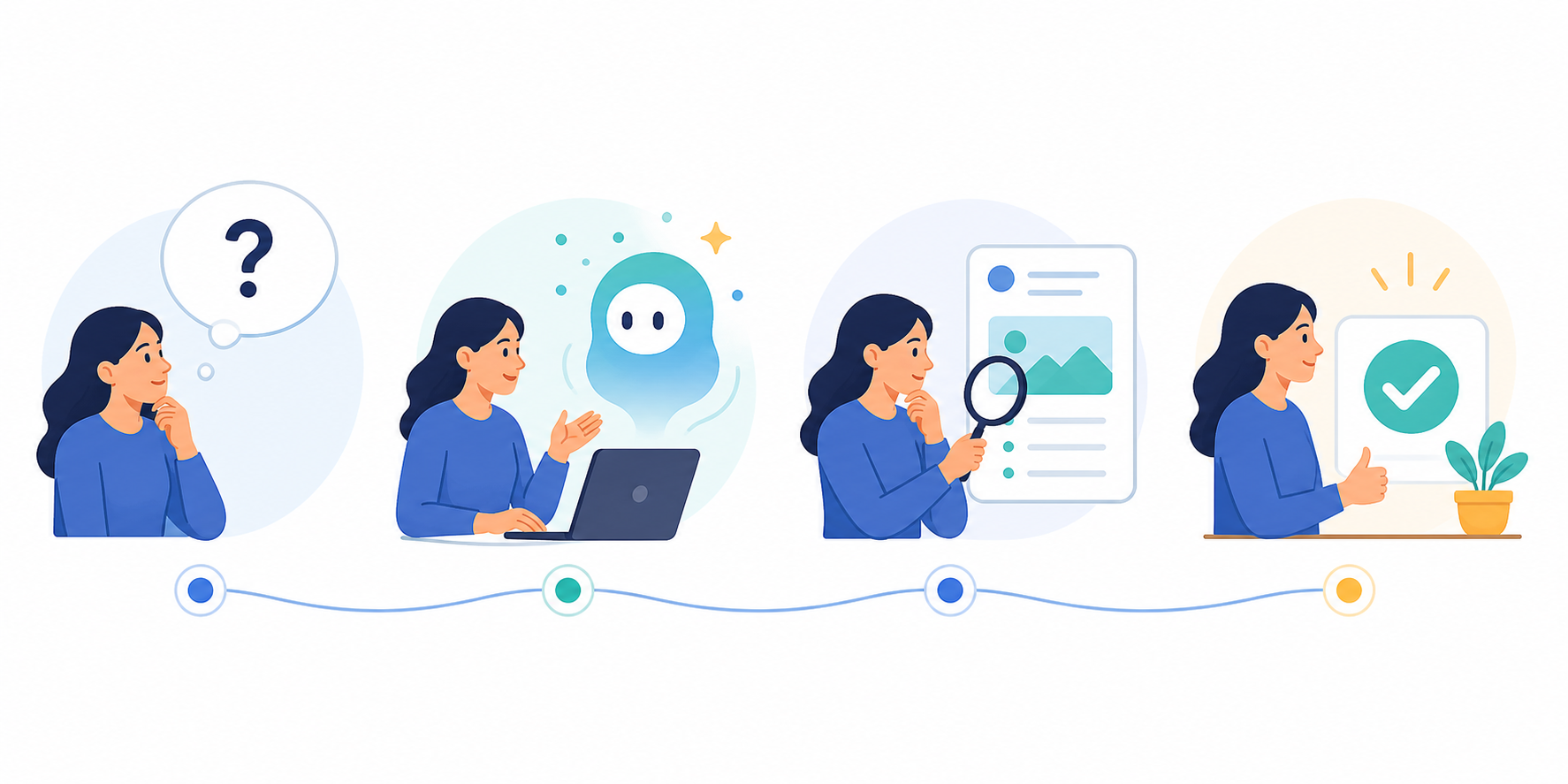 Four-step illustration showing a person asking, collaborating with AI, reviewing, and completing a task.